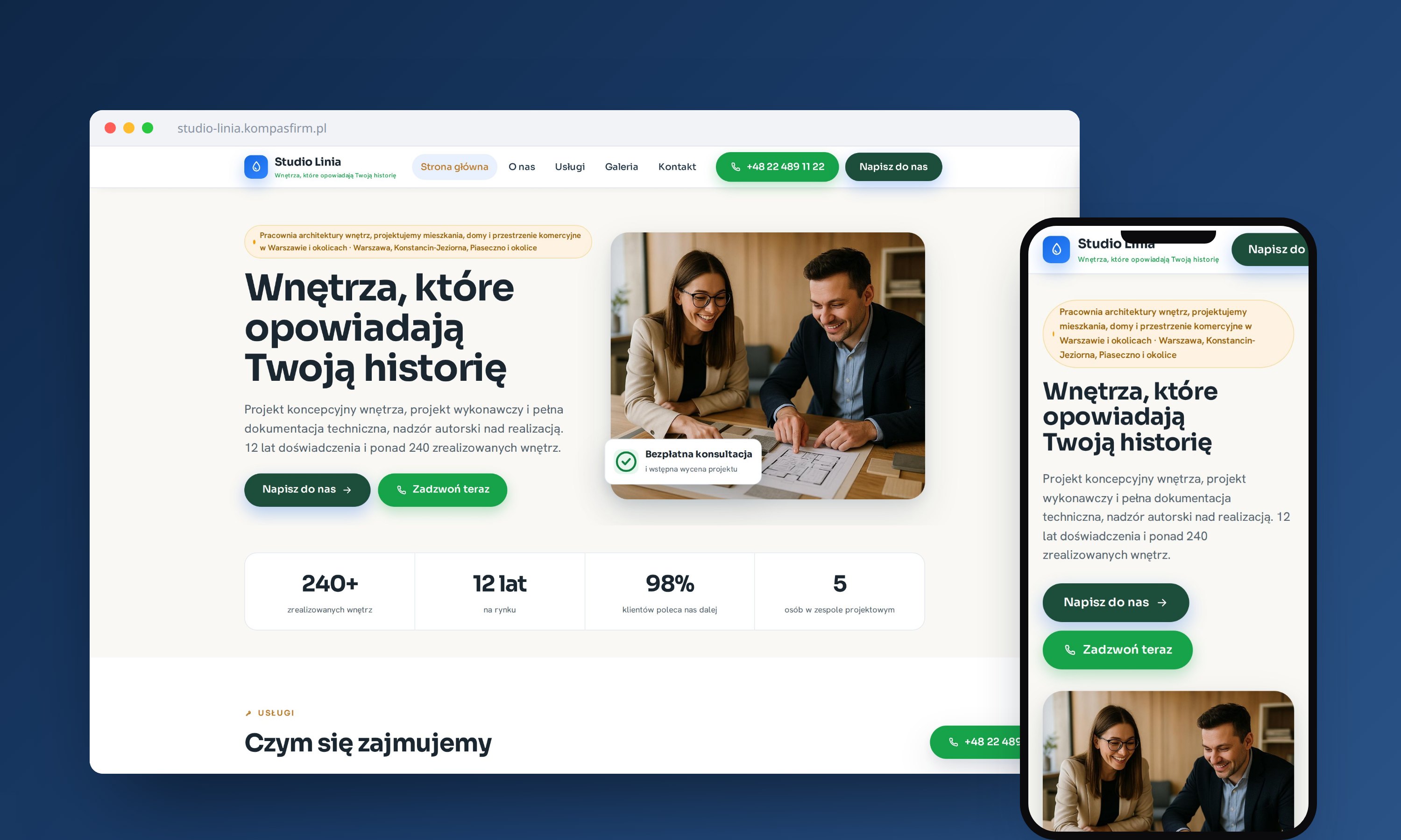 Profesjonalna strona firmowa na desktopie i telefonie, przykład Studio Linia